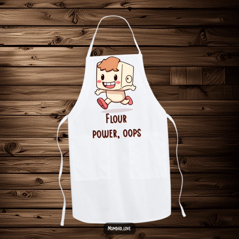 Funny Apron featuring a small, blocky character with a huge grin, humorously tripping while running.
