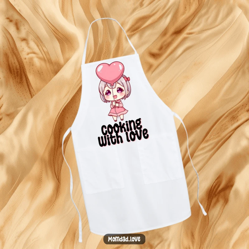 Funny Apron: Anime character happily presenting a heart-shaped balloon, adding love and fun to kitchen activities.