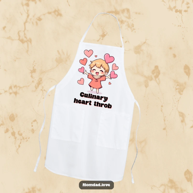 Funny Apron: Chef character humorously juggling hearts while cooking, a delightful and funny gift for kitchen lovers.