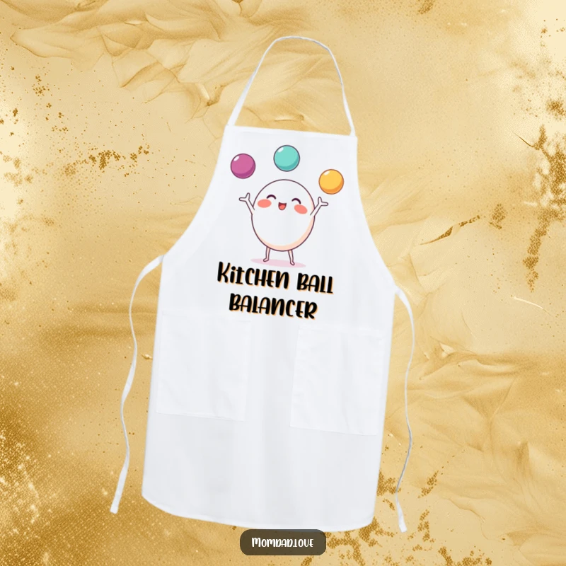 Funny Apron featuring a round character with tiny limbs, excitedly juggling three bright balls.