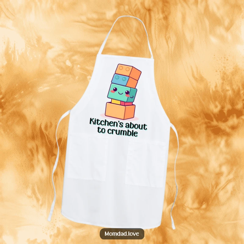 Funny apron showing a wobbly building block tower with a gentle smile, ideal for a chef who enjoys a humorous, lighthearted cooking experience.