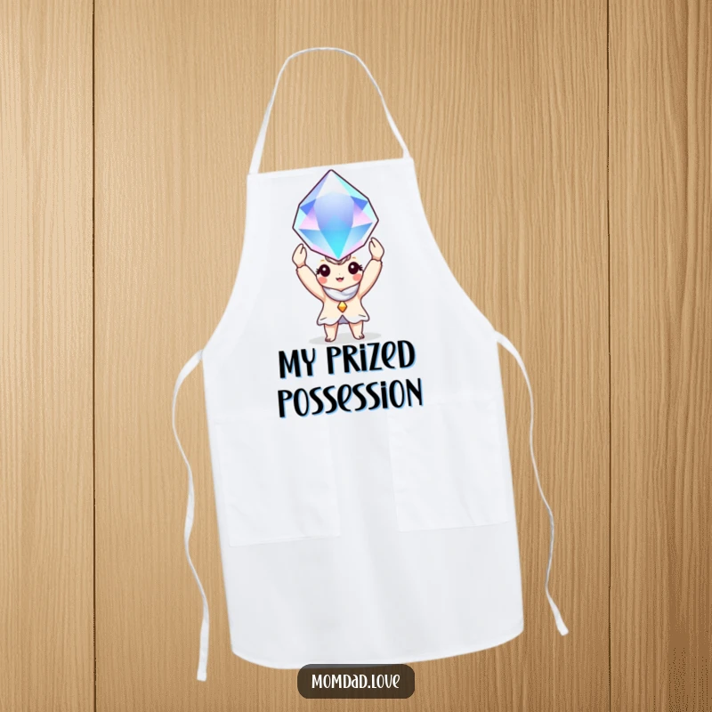 Funny Apron: A charming character proudly presents a large, dazzling gem while ready to cook.