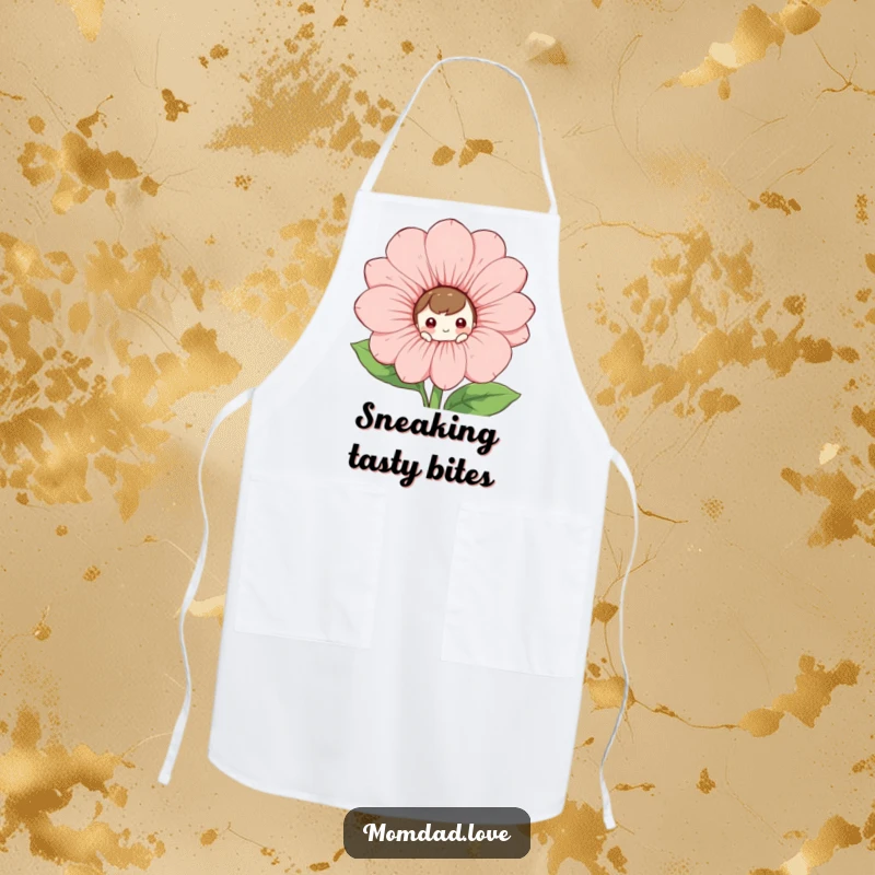 Funny Apron: A curious character peeks from behind a giant, smiling flower, ready for garden tasks.