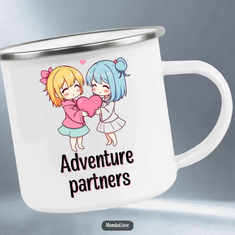 Funny anime couple camping mug with two characters embracing with hearts, for shared adventures.