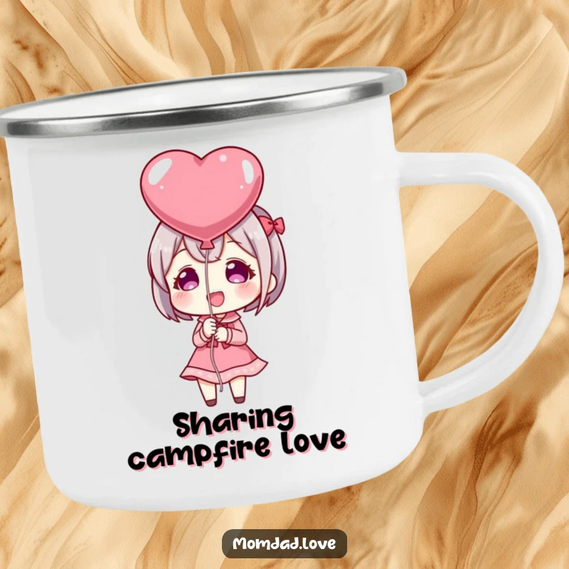 Funny Camping Mug: Anime character happily presenting a heart-shaped balloon, perfect for sharing love during outdoor adventures.