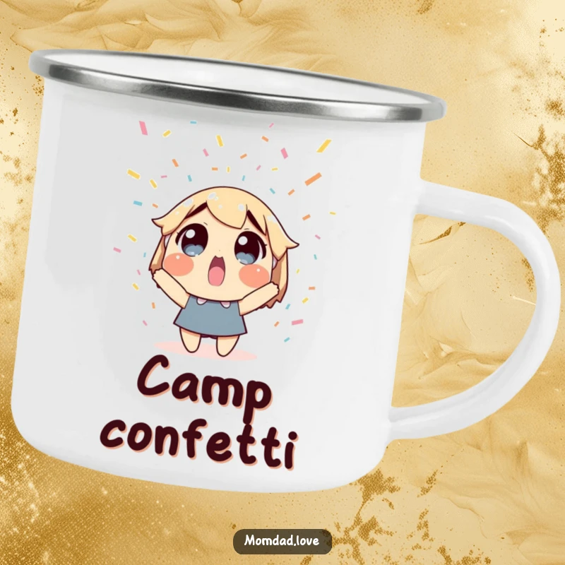 Funny camping mug with a surprised character under falling confetti, perfect for outdoor celebrations. Gift.