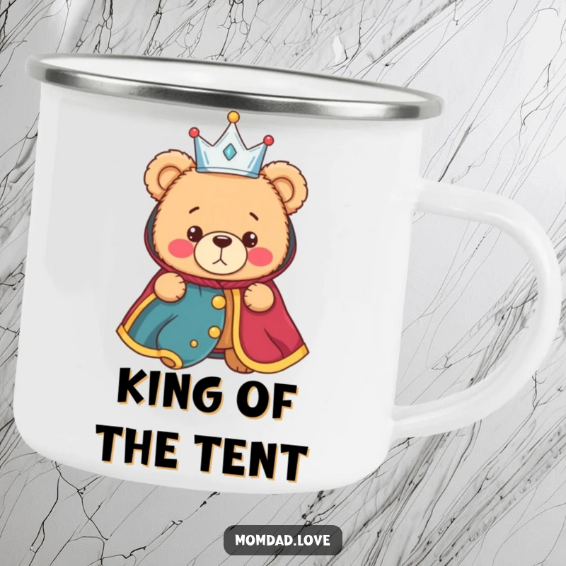 Funny camping mug with a bewildered teddy bear wearing a tiny crown and royal robe, perfect for outdoor brews and royal contemplations.