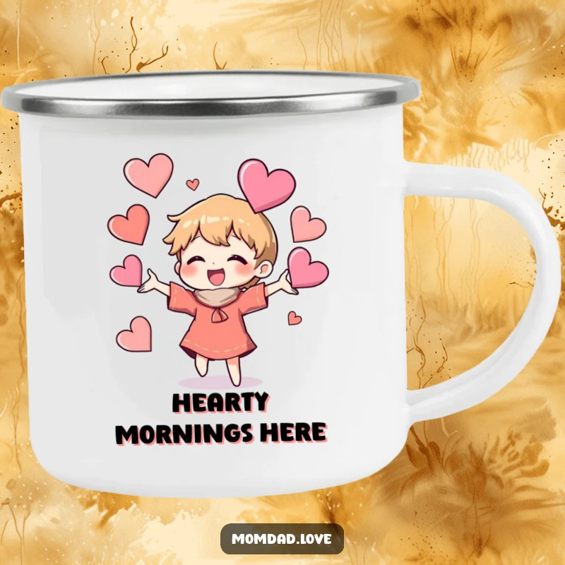 Funny Camping Mug: Character juggling hearts on this durable mug, perfect for outdoor enthusiasts and a funny gift.