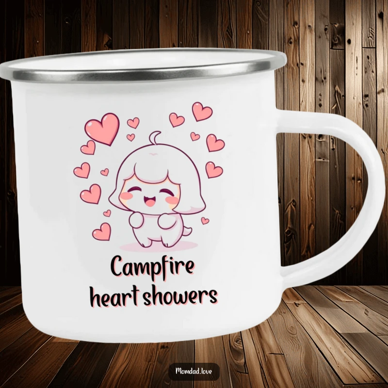 Funny kawaii character giggling with hearts falling around, a durable and humorous camping mug for outdoor enjoyment.