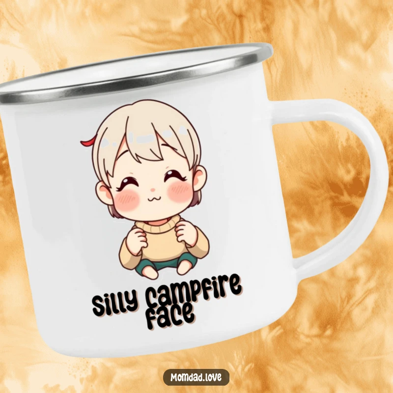 Funny Camping Mug showing an anime style parent making a funny face, perfect for outdoor adventures with a dose of humor.