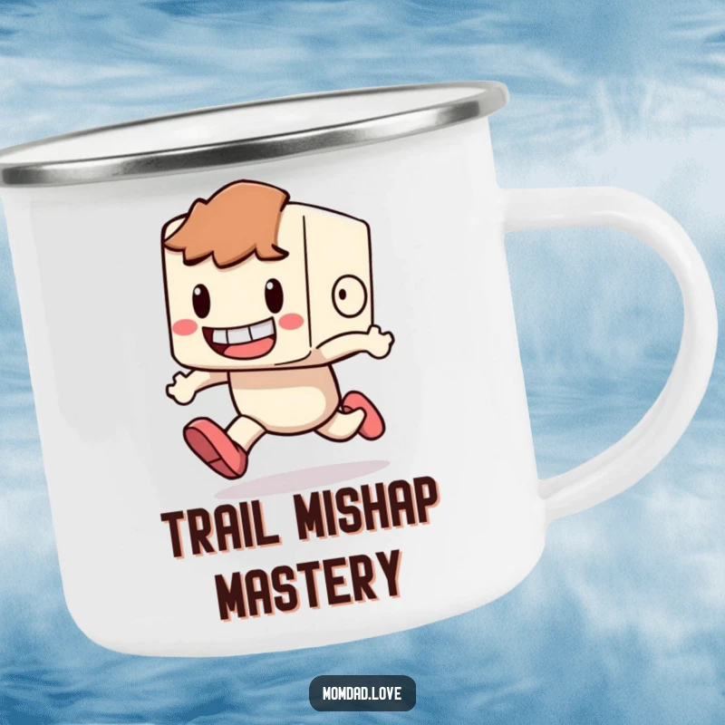 Funny Camping Mug displaying a blocky character with a wide grin, hilariously tripping while running.