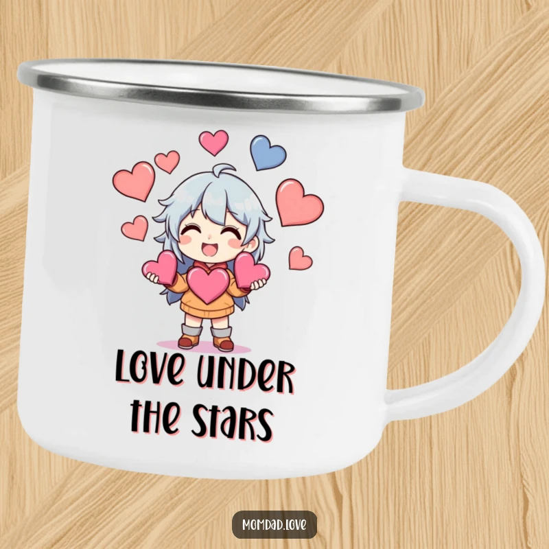 Funny Camping Mug showing an anime character grinning while juggling hearts, perfect for adventures filled with love and cheer.