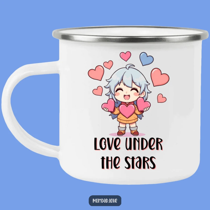 Funny Anime Juggling Hearts Camping Mug - Adventure Filled with Love, Funny Gift.