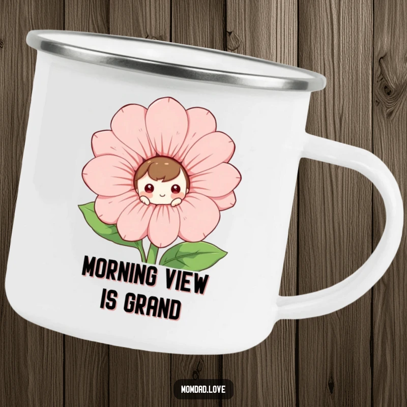 Funny Camping Mug: A curious character peeks from behind a large, smiling flower, ready for camping.