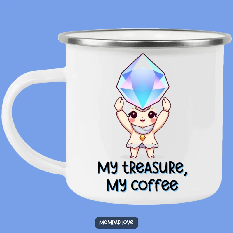 Funny Enamel Camping Mug: Charming Character's Gem Adventure, Great Funny Gift!