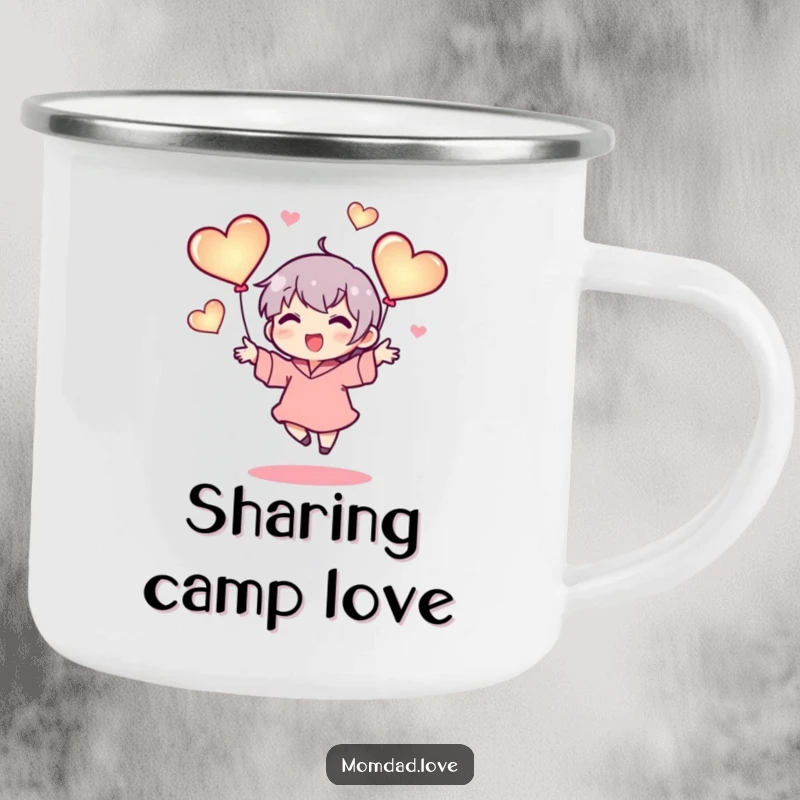 Funny enamel camping mug with a tiny character happily juggling three glowing hearts, perfect for enjoying drinks outdoors with a symbol of love and joy.
