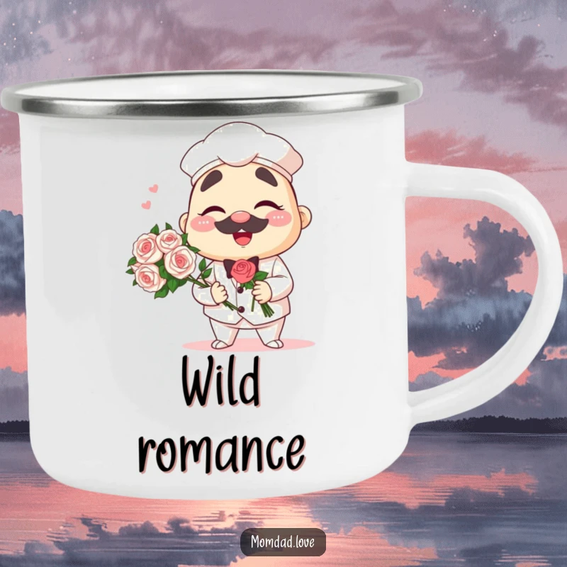 Funny anime papa camping mug with a winking dad character holding a bouquet, for outdoor humor.