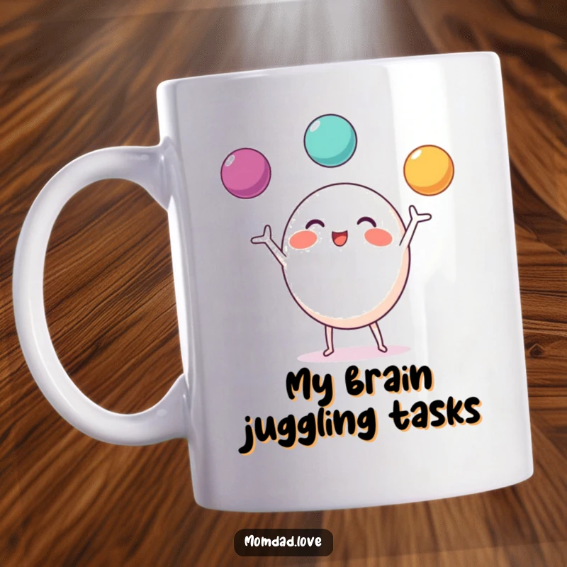 Funny Mug of a round character with tiny limbs, excitedly juggling three colorful balls with a happy expression.