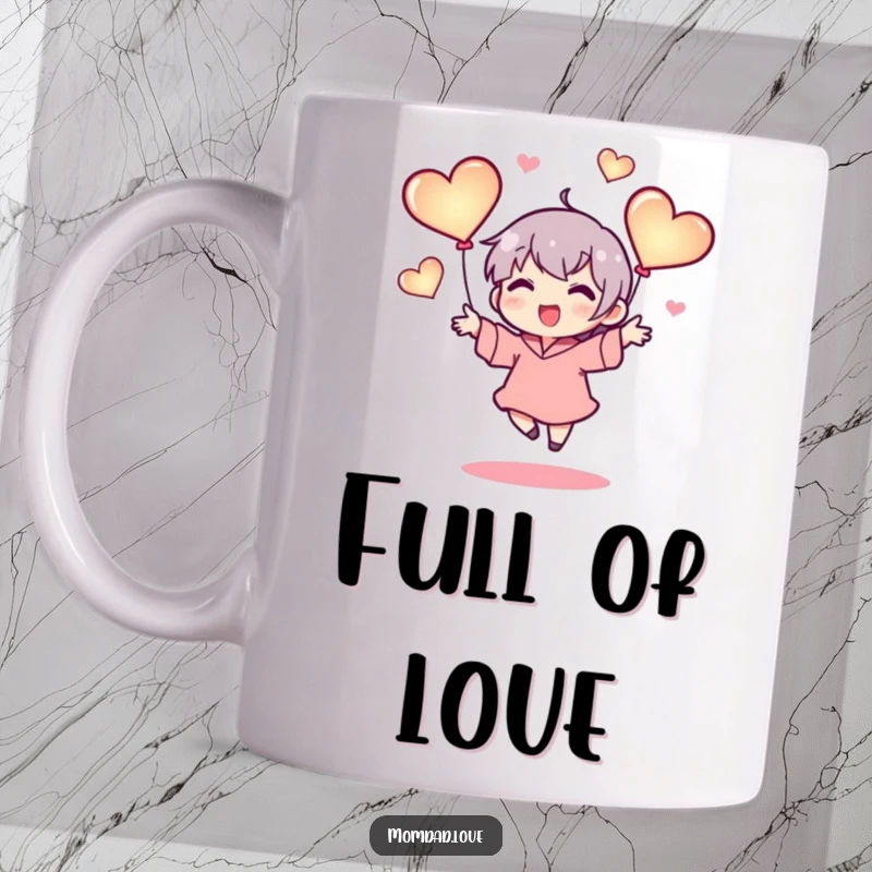 Funny mug with a tiny character happily juggling three glowing hearts, symbolizing love, joy, and positive energy, perfect gift.