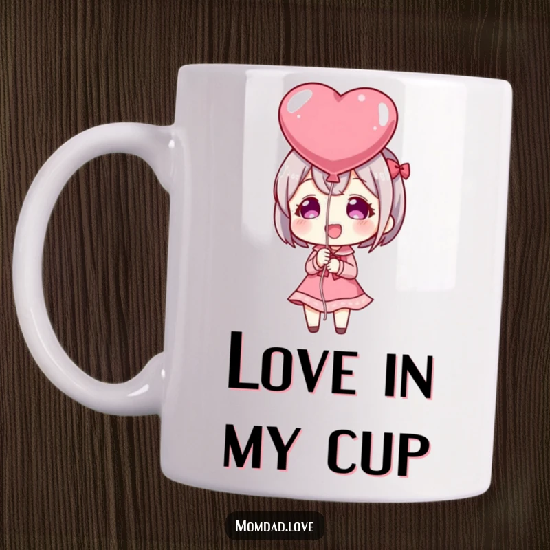 Funny Mug: Anime style character happily presenting a red heart-shaped balloon, conveying love and sweet, cheerful emotions.