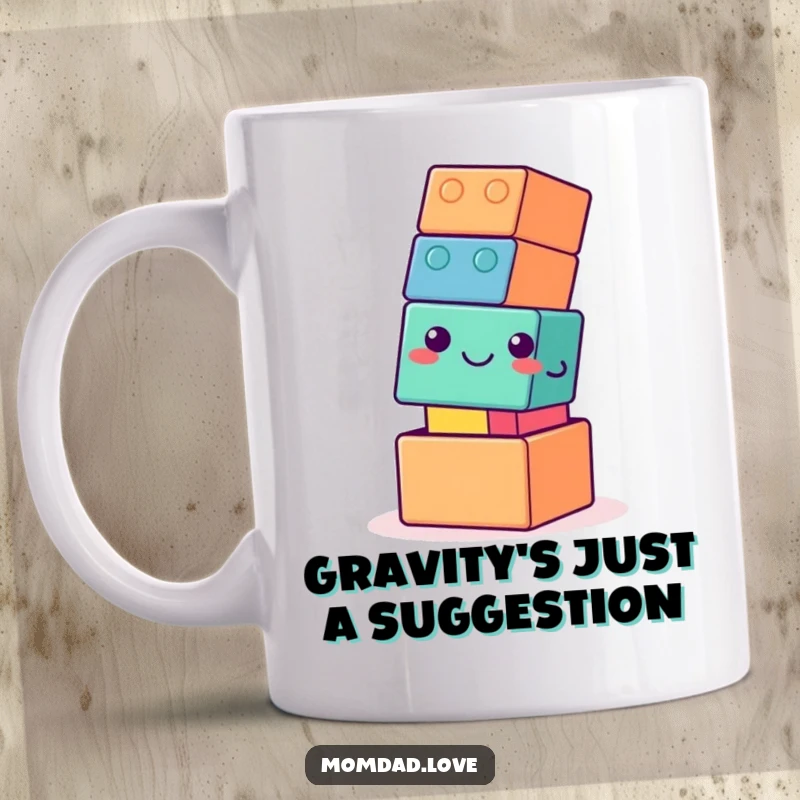 Funny building block tower mug, gently smiling as it tips over, symbolizing endearing clumsiness and lightheartedness for a perfect gift.