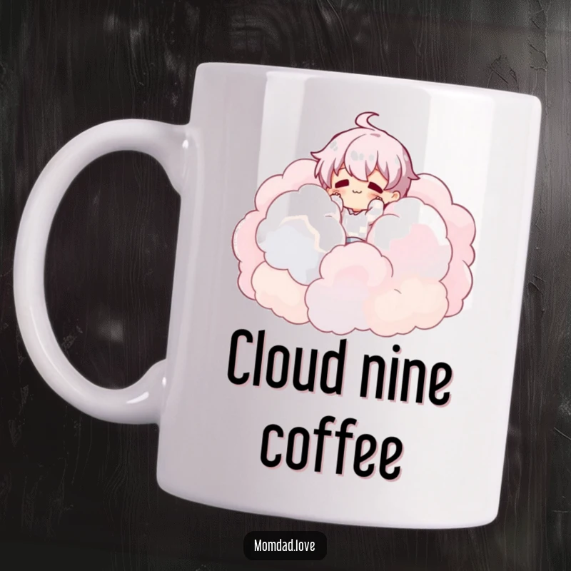 Funny Mug: Character adorably tumbling into a soft pile of fluffy white clouds, evoking a sense of gentle descent.