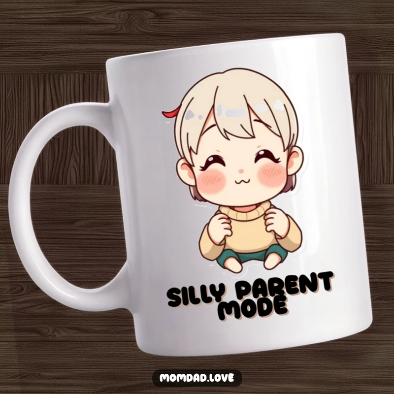Funny Mug featuring an anime style parent making a comical, exaggerated funny face, designed to amuse children and adults.