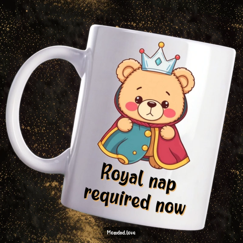 Funny teddy bear mug, bewildered expression, wearing a tiny crown and stuck in a royal robe, a humorous gift for regal mishaps.