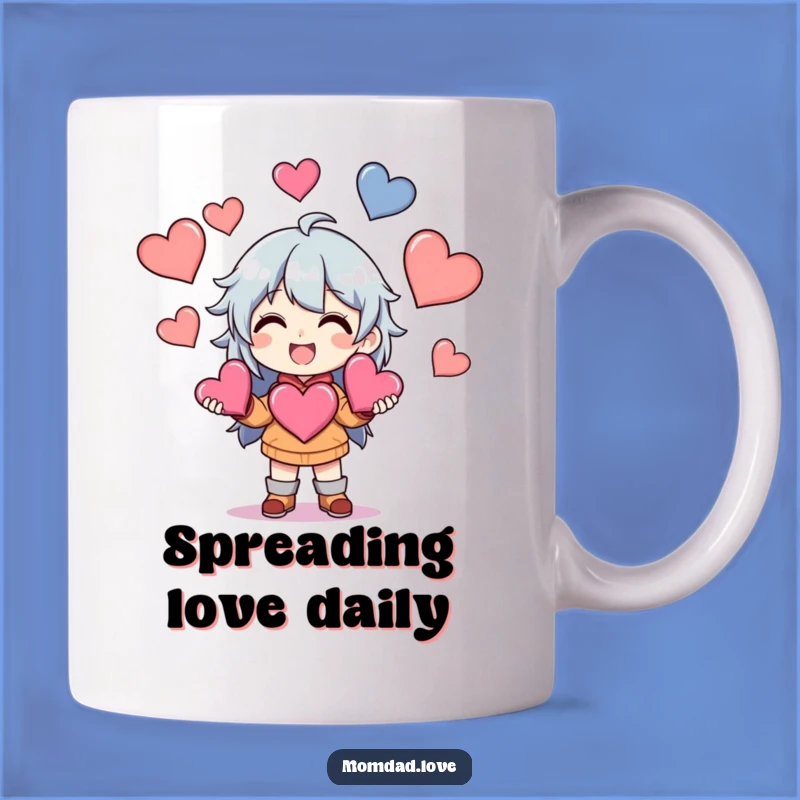 Funny Anime Juggling Hearts Mug - Show Your Love with Humor, Perfect Gift.