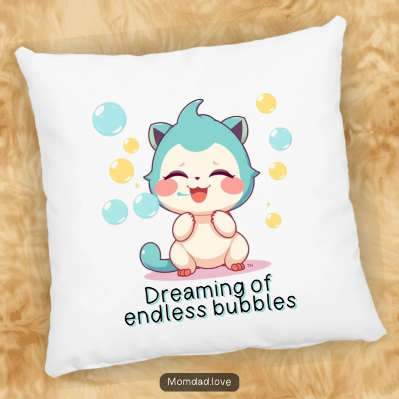 Funny pillow featuring a cute creature that's giggling uncontrollably while blowing a delightful stream of colorful soap bubbles.