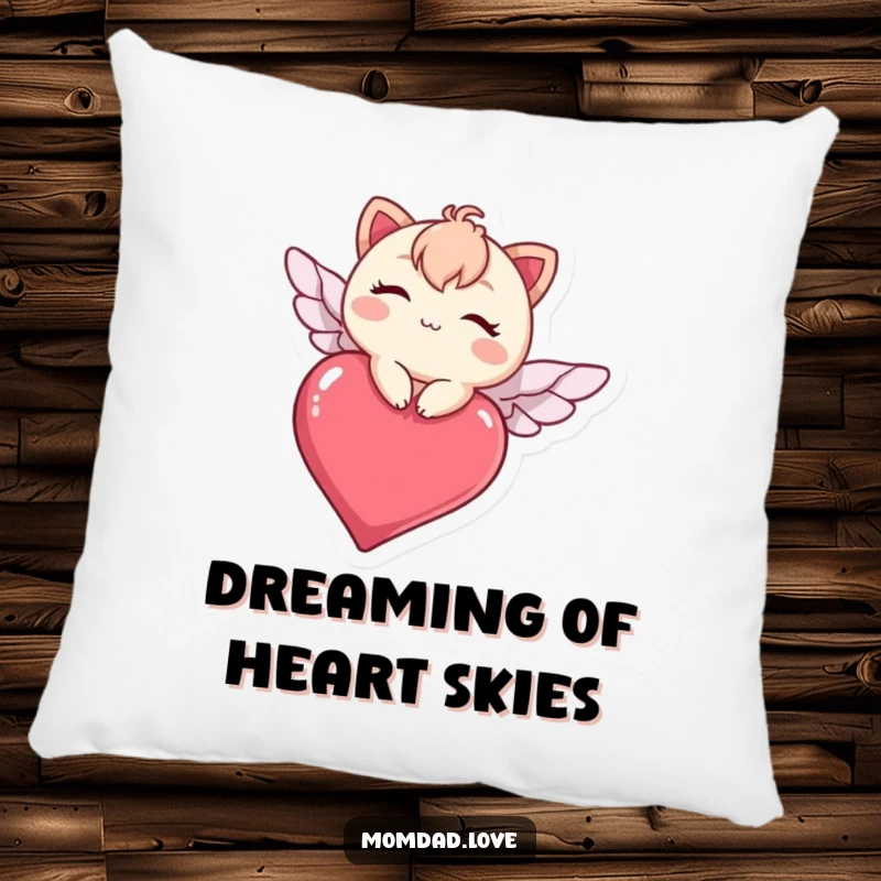 Funny kawaii character winking while suspended on a heart, a soft and humorous throw pillow for decoration and comfort.