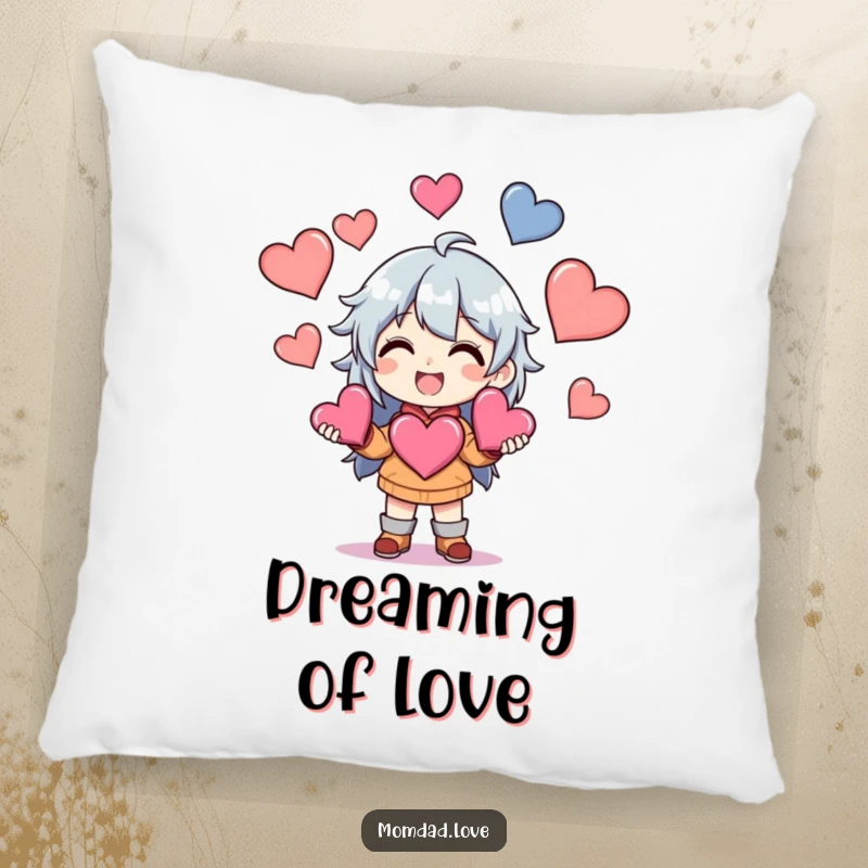 Funny Pillow showcasing an anime character grinning while juggling multiple hearts, providing cozy comfort and a loving touch.