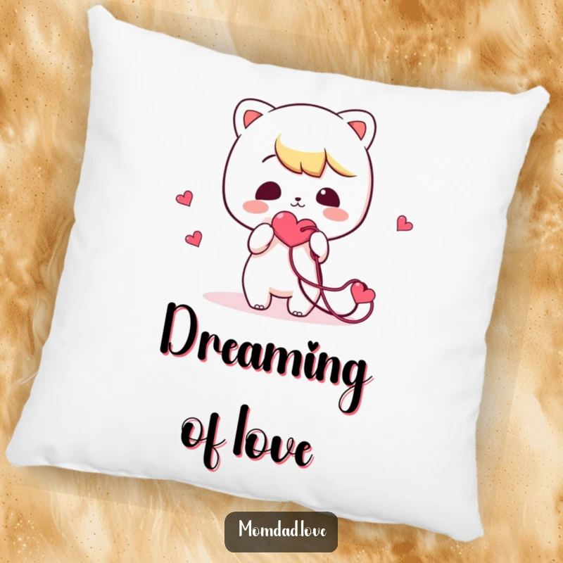 Funny Pillow: Soft cushion featuring a kawaii character comically offering a tangled heart string, perfect for cozy, loving moments.