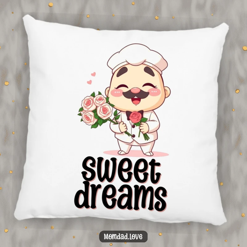 Funny pillow with a winking anime papa character holding a bouquet, soft and humorous comfort.