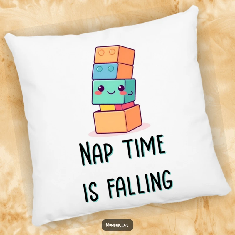 Funny pillow featuring a wobbly building block tower with a gentle smile, offering both comfort and a cheerful, humorous accent.