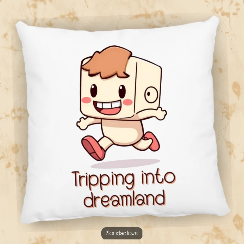 Funny Pillow showing a blocky character with a wide grin, comically tripping and falling.