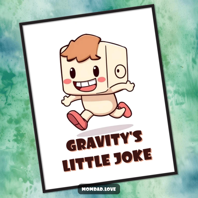 Funny Digital Art Print of a small, blocky character with a wide grin, hilariously tripping while running.
