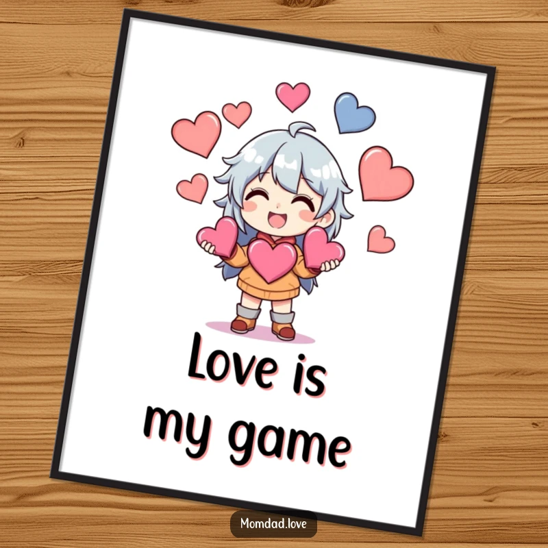 Funny Digital Art Print of an anime character grinning, skillfully juggling multiple hearts, a vibrant display of affection.