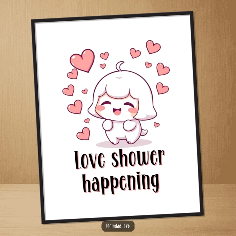 Funny kawaii character giggling with a shower of hearts, a vibrant and humorous digital art print.