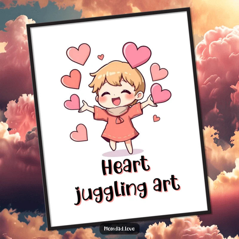 Funny Digital Art: Character joyfully juggling hearts, offering instant playful decor and a unique funny gift option.