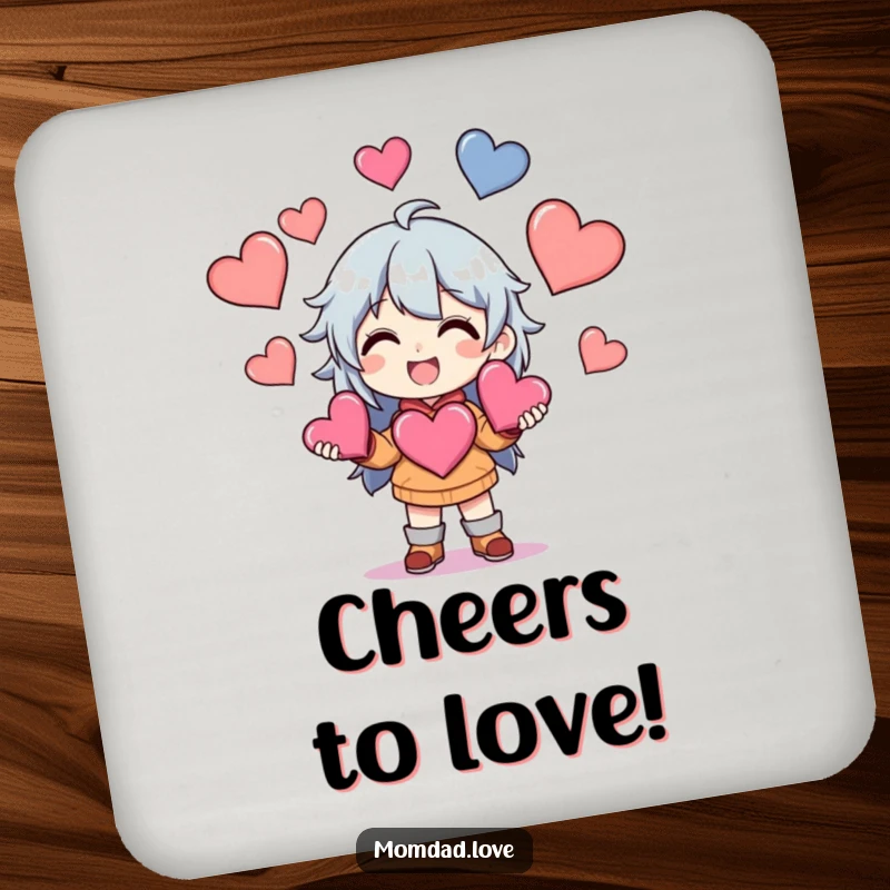 Funny Drink Coaster featuring an anime character grinning, juggling multiple hearts, adding a touch of love to your table.