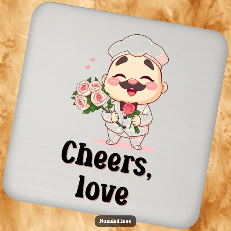 Funny anime papa coaster with a winking dad character holding a bouquet, protecting surfaces humorously.