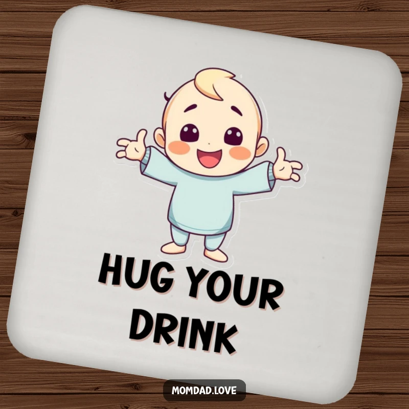 Funny drink coaster showcasing a character striking a dramatically goofy pose with arms spread wide, adding humor to any table.