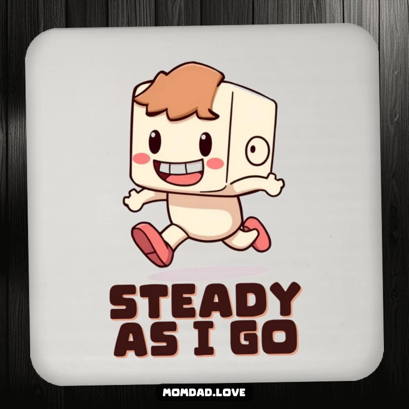 Funny Drink Coasters showing a small, blocky character with a big grin, comically tripping while running.