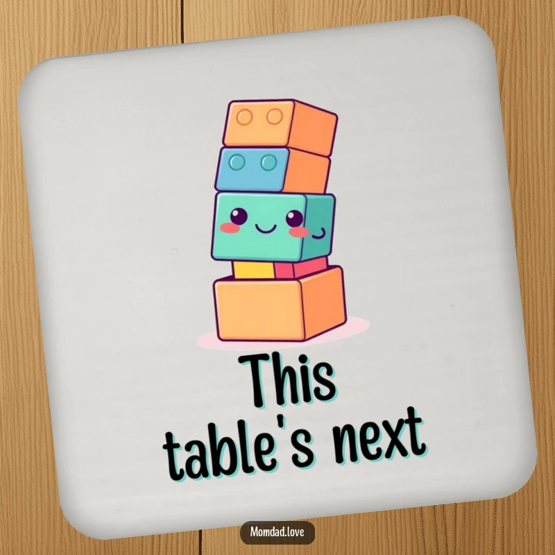 Funny drink coasters featuring a wobbly building block tower with a gentle smile, adding a humorous and protective element to any table surface.