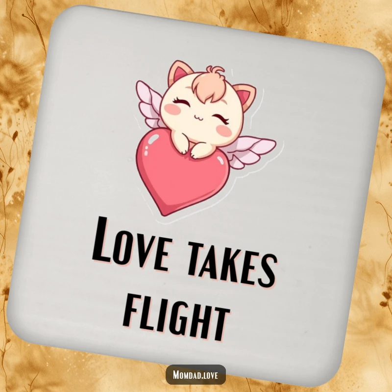 Funny kawaii character winking on a heart, flying protectively over your drink, a cute and humorous coaster.