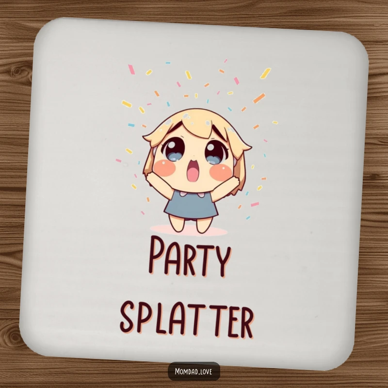 Funny coasters with a surprised character under falling confetti, offering humorous protection. Set of coasters.