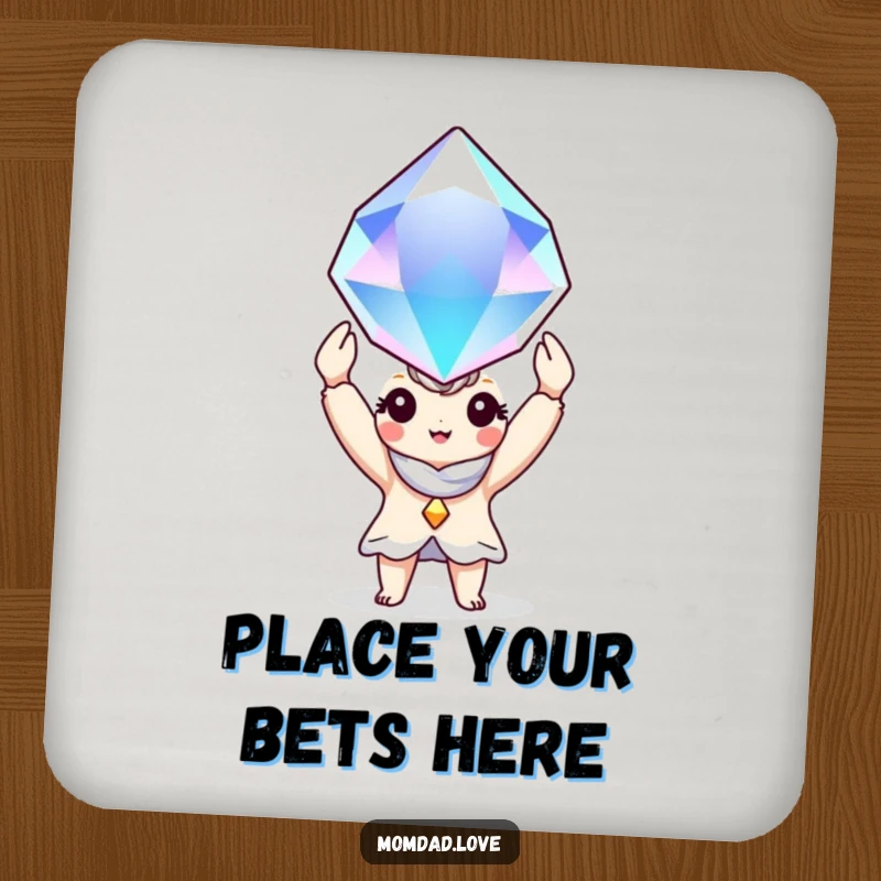 Funny Coaster: A charming character displays a large, shimmering gem, guarding tabletops from drinks.