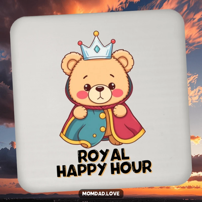 Funny drink coasters featuring a bewildered teddy bear in a tiny crown and royal robe, adding humorous protection to any table.