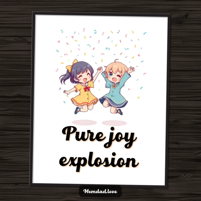 Funny Poster: Two anime characters dancing energetically under a cascade of confetti, showcasing pure joy and a festive party scene.
